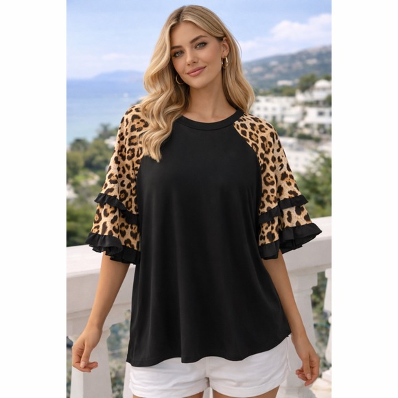 Tops - Soft Luxe Fabric Black Top with Leopard Multi Ruffle Sleeves